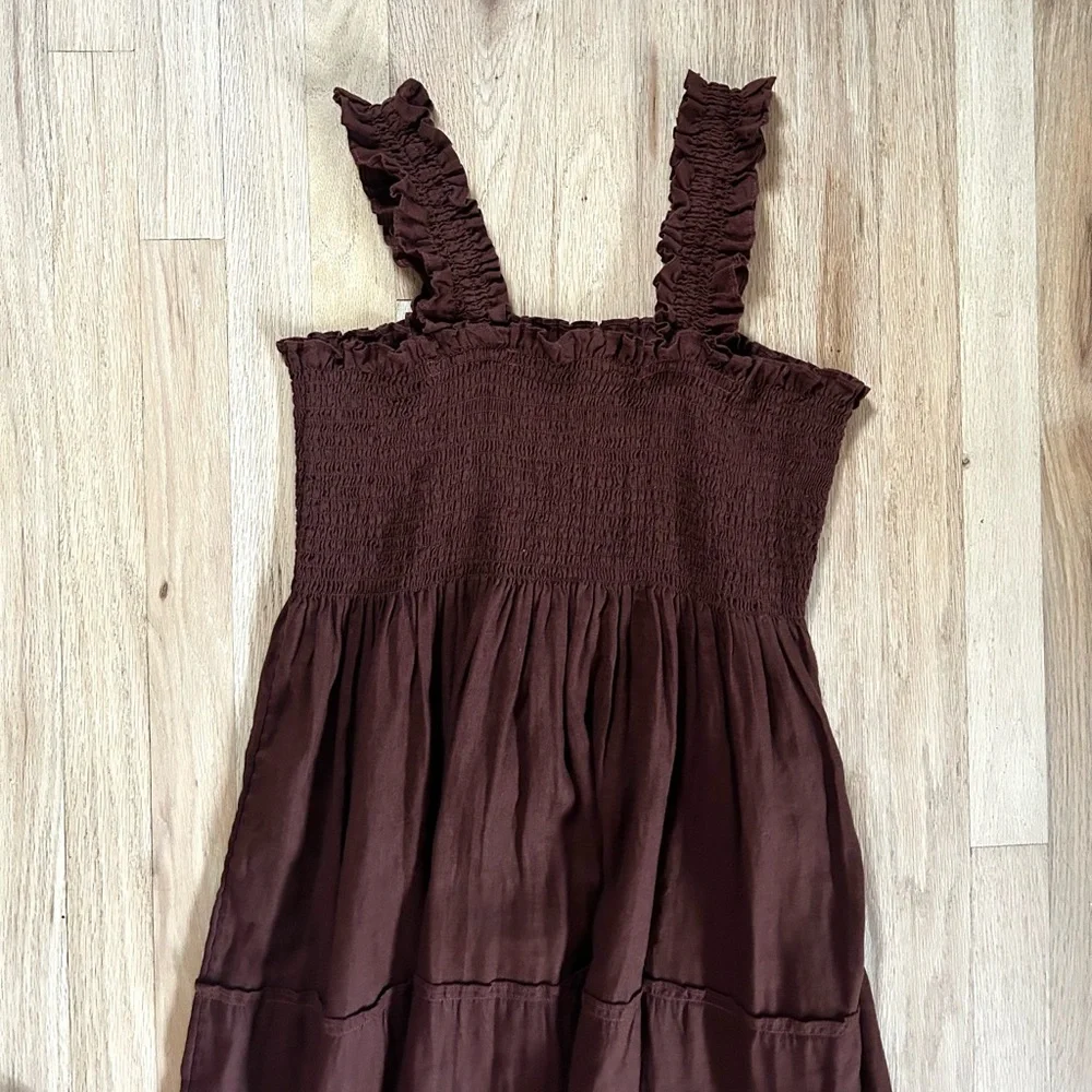 QUINCE european linen smocked midi dress chocolate brown nap dress size XL - Picture 14 of 15
